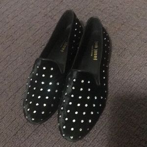 Jon Josef Black Velvet Leather Stud Jewel Loafers